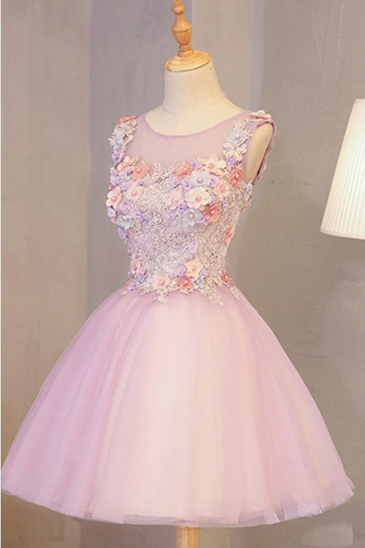 A Line Pink Tulle Beading Homecoming Dresses with Flowers N1030