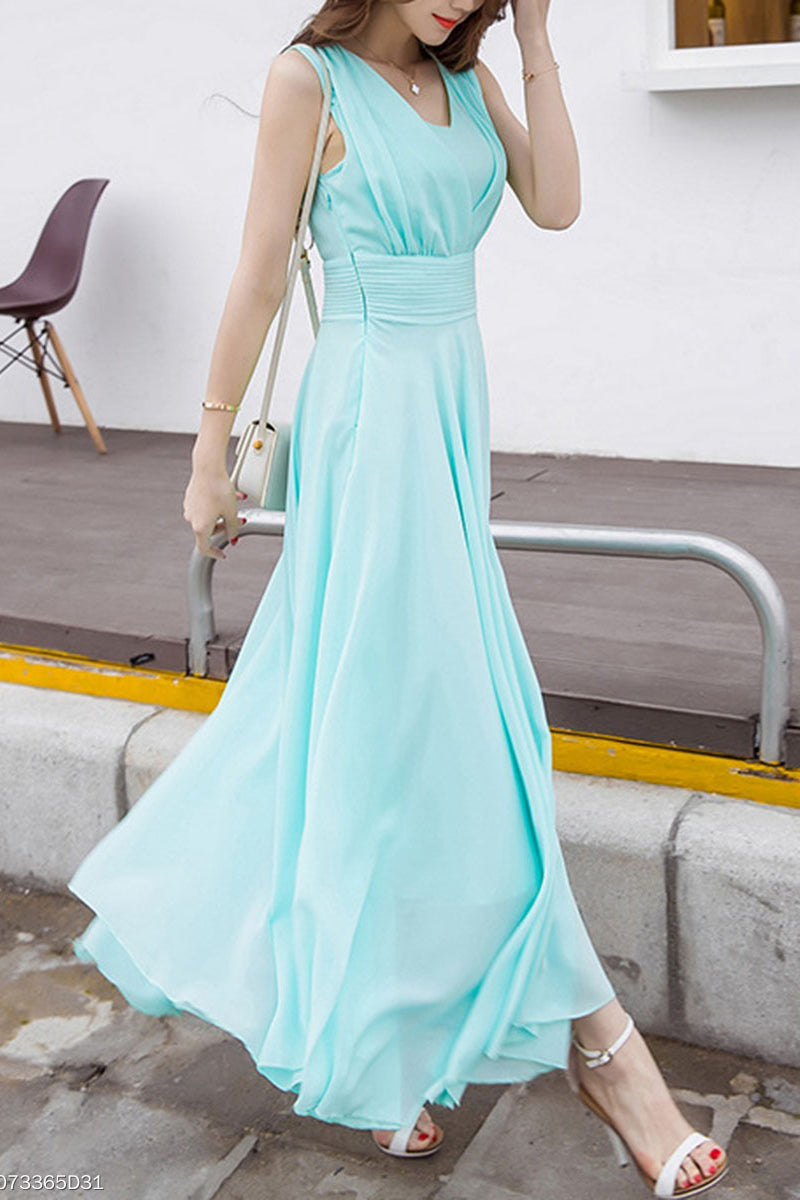 Peach Summer V-Neck Plain Chiffon Maxi Dresses  Flowy Long Bridesmaid Dresses N1564