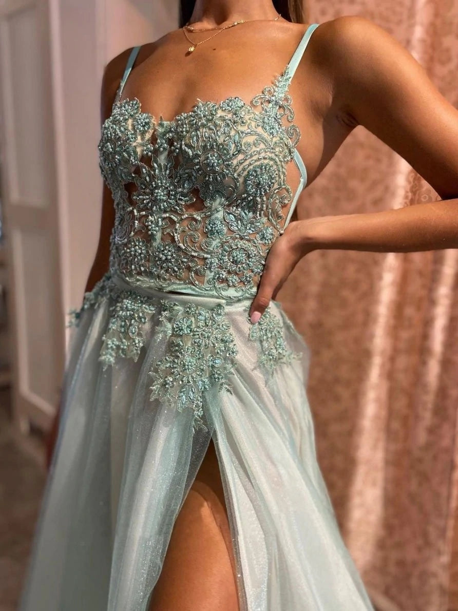 Mint Green Tulle Lace Appliques Formal Long Prom Dresses