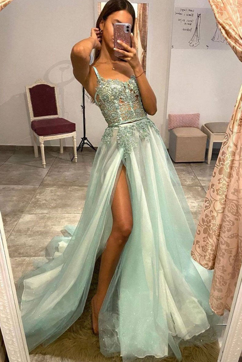 Mint Green Tulle Lace Appliques Formal Long Prom Dresses