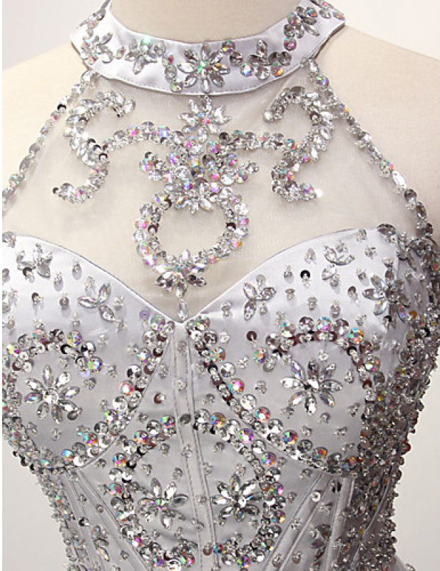 Silver A Line Jewel Sleeveless Organza Prom Dresses with Sequins Crystals N861