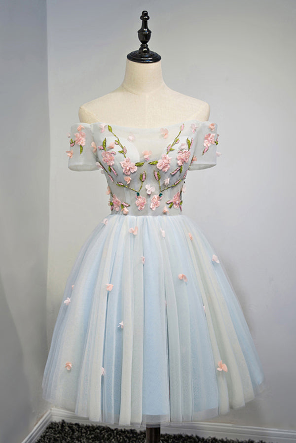 A Line Off the Shoulder Appliques Short Homecoming Dress, Cheap Short Prom Dress