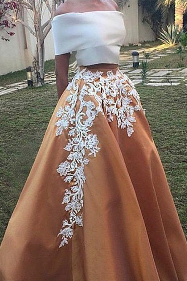 Two Piece Off the Shoulder Prom Dress, Vintage Appliqued Long Formal Dress