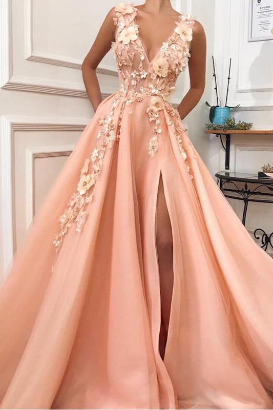 A Line V-neck Long Tulle Split Evening Gown Dresses with Flowers, Long Graduation Dress N1453