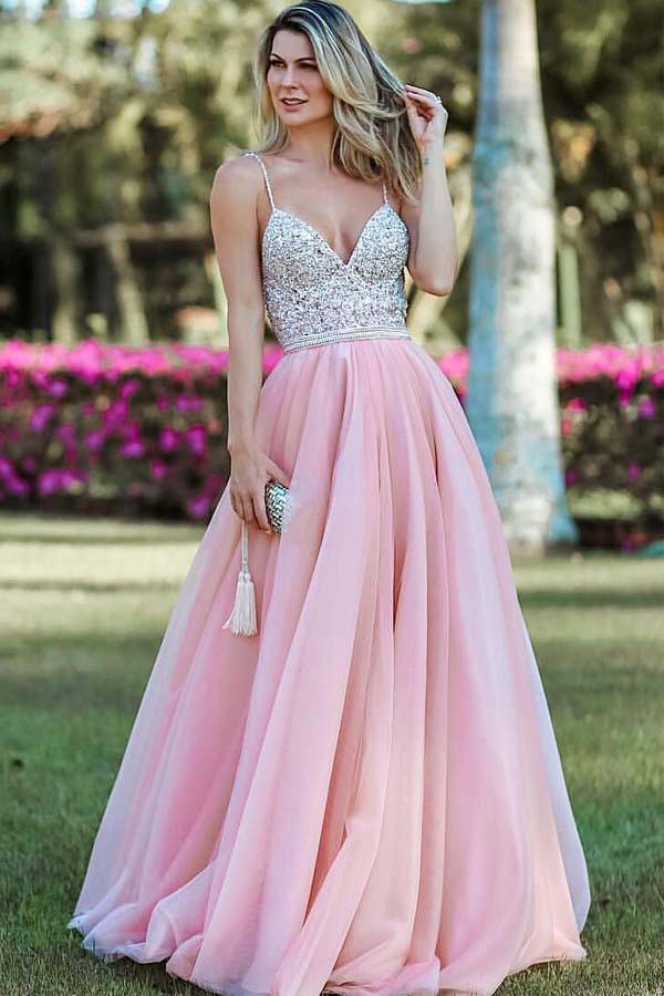 Pink Spaghetti Strap Beading Tulle Prom Dress Sexy Backless Long