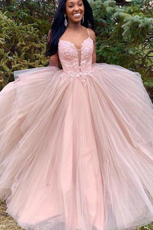 Spaghetti Straps Tulle Long Prom Dresses with Lace Appliques New