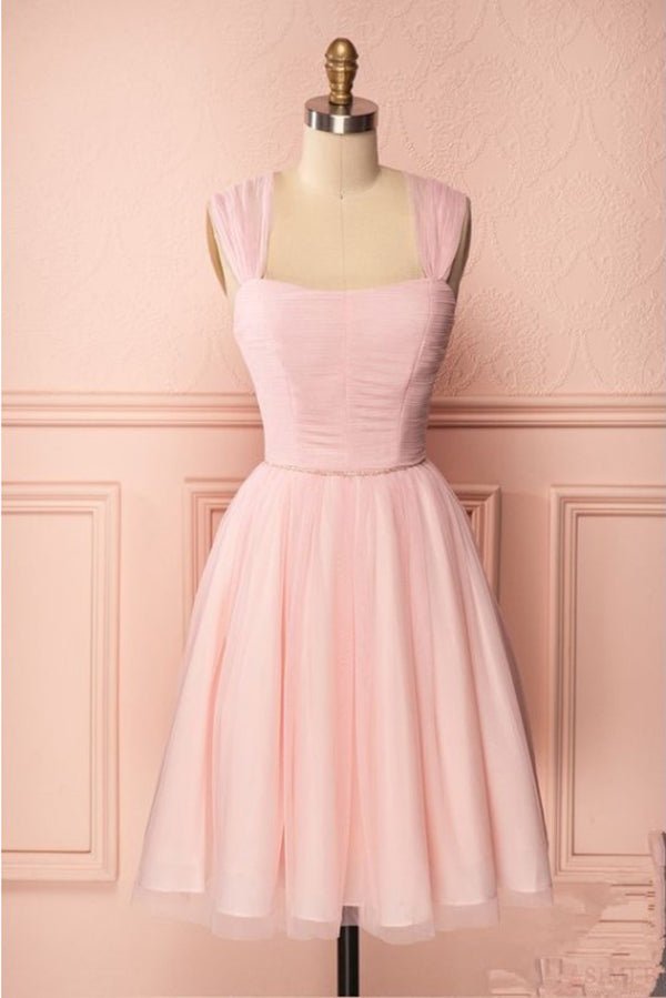 Pink Vintage Straps Tulle Knee Length Homecoming Dress Straps