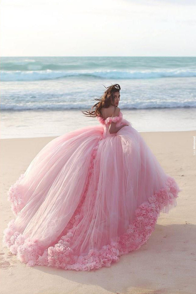 Pink Off the Shoulder Tulle Flower Wedding Dresses Ball Gowns