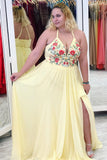 Yellow Halter Appliques Plus Size Prom Dress with Slit, A Line V Neck Sleeveless Party Dress N1509
