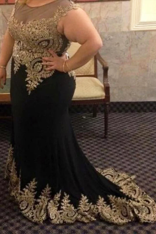 Black Mermaid Sleeveless Plus Size Prom Dresses with Lace Appliques Plus Size Dresses N2217
