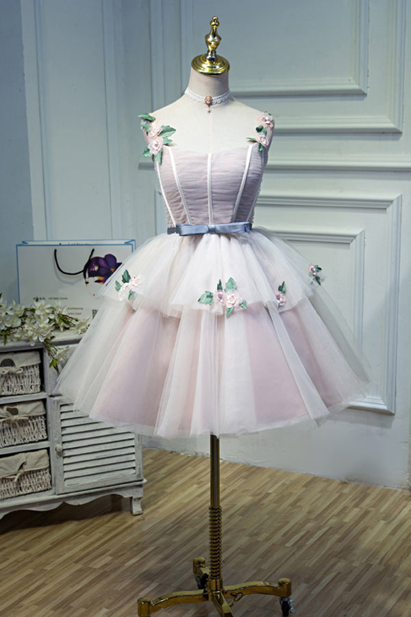 Puffy Straps Tulle Homecoming Dresses with Flowers Princess Graduation Dresses with Belt N1973