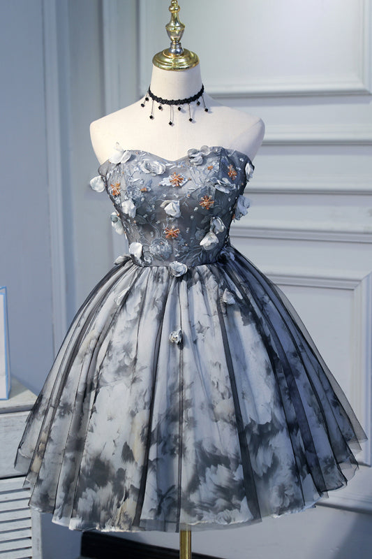 Princess Strapless Short Homecoming Dress with Flowers, Appliques Puffy Cocktail Dress N1975