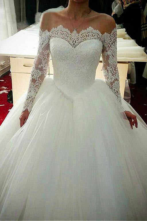 Ball Gown Long Sleeve Wedding Dresses with Lace Off the Shoulder Tulle Bridal Dresses N1113