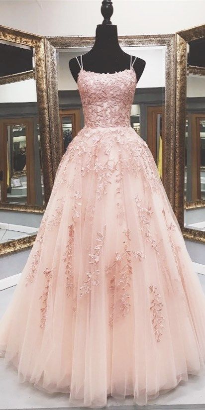 Lace Appliques Pink A-Line Tulle Long Prom Dress With Straps