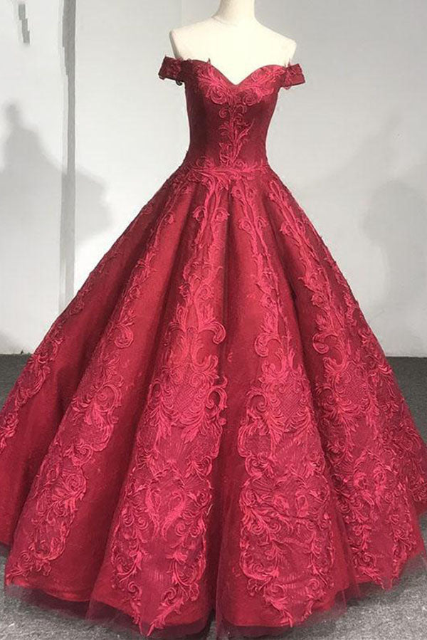Burgundy Off the Shoulder Puffy Lace Quinceanera Prom Dresses
