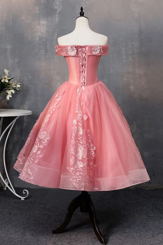 Knee Length Tulle Graduation Dresses with Appliques Off the Shoulder Dresses with Flowers N2134