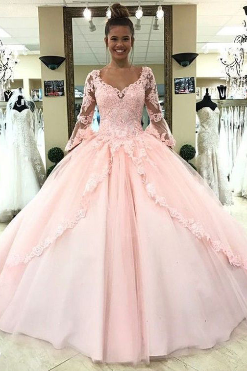 Gorgeous Pink Tulle Long Sleeves Lace Appliques Long Quinceanera Puffy Dresses
