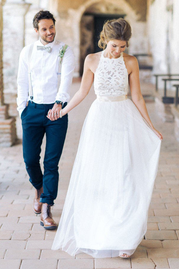 Jewel Sleeveless Lace Tulle Beach Wedding Dresses