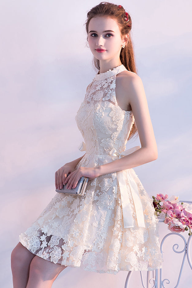 A Line Sleeveless Lace Flower Appliques Homecoming Dresses N1972