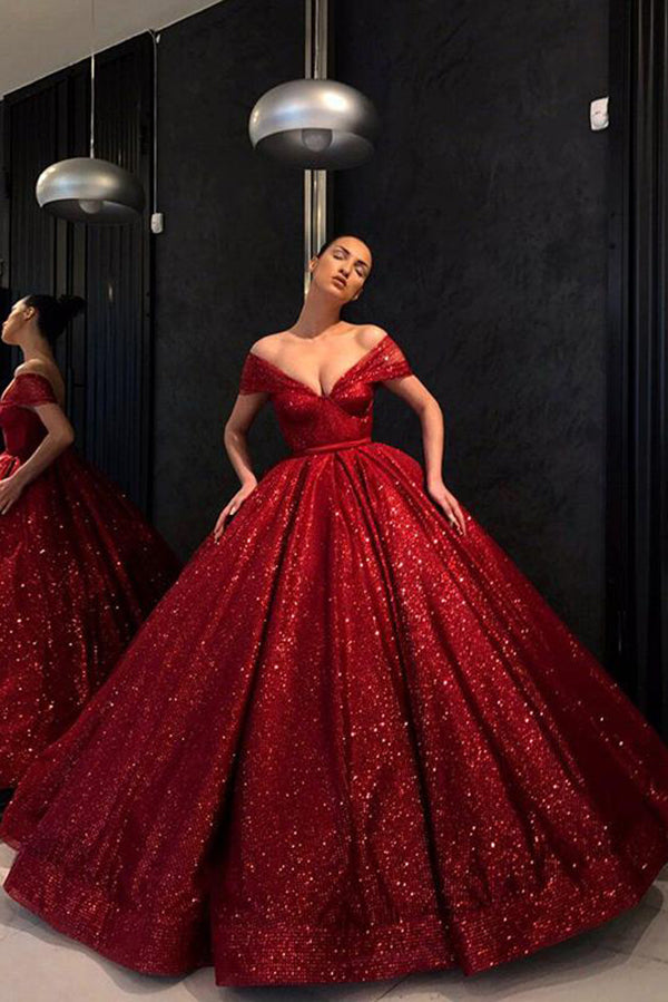 Chic Ball Gown Prom Dress Vintage Cheap Off The Shoulder Red