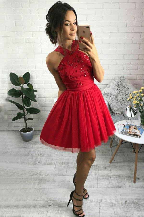 Pretty A Line Red Tulle Short Homecoming Dresses with Beading