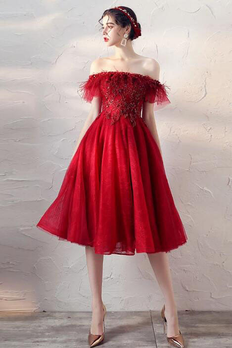 Burgundy Off the Shoulder Knee Length Homecoming Dresses with Beading A Line Dresses N2188