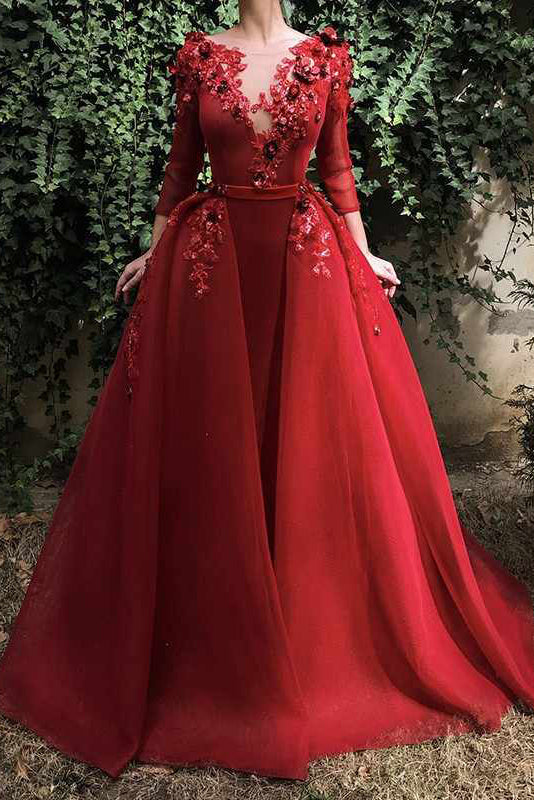 A Line Organza Midi Sleeves Red Puffy Prom Dresses with Flowers