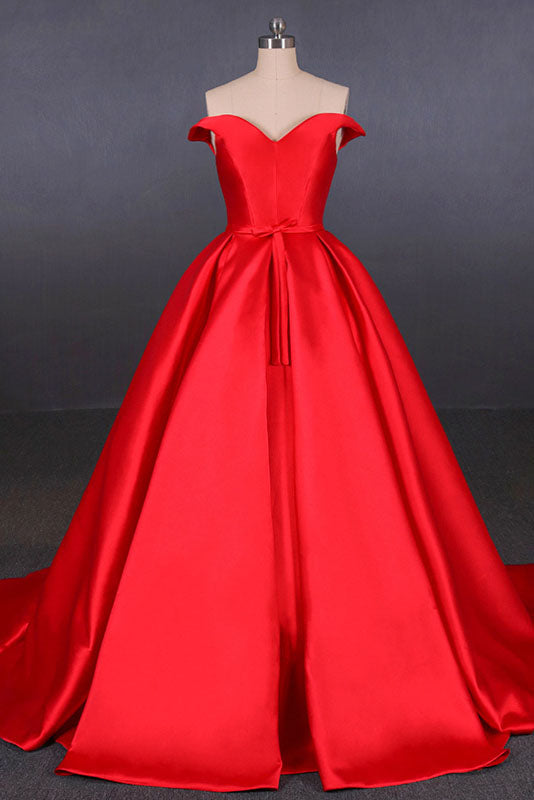 Puffy Off the Shoulder Red Satin Prom Dress, A Line Party Dress with Belt N2342
