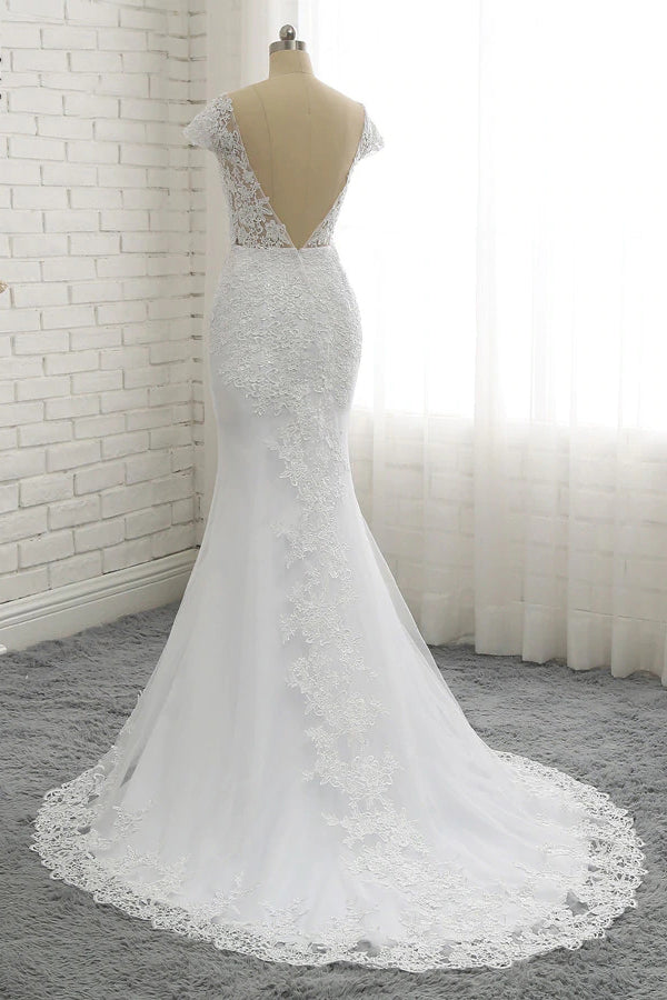 White Lace Appliques Wedding Dresses with Short Sleeves Long Tulle Bridal Dresses with Lace N1569