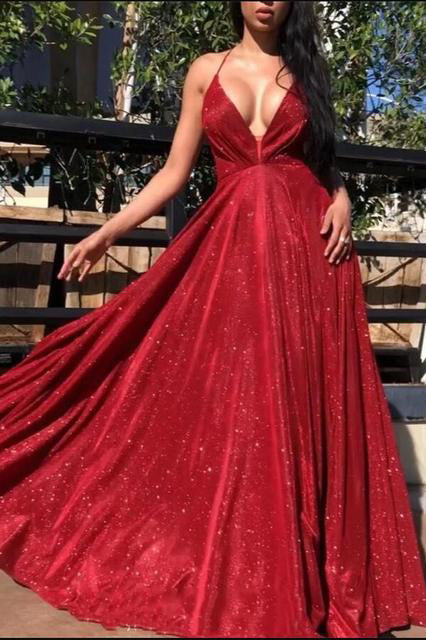 Sexy A Line Red V-Neck Criss Cross Back School Party Gown Long Prom Dresses