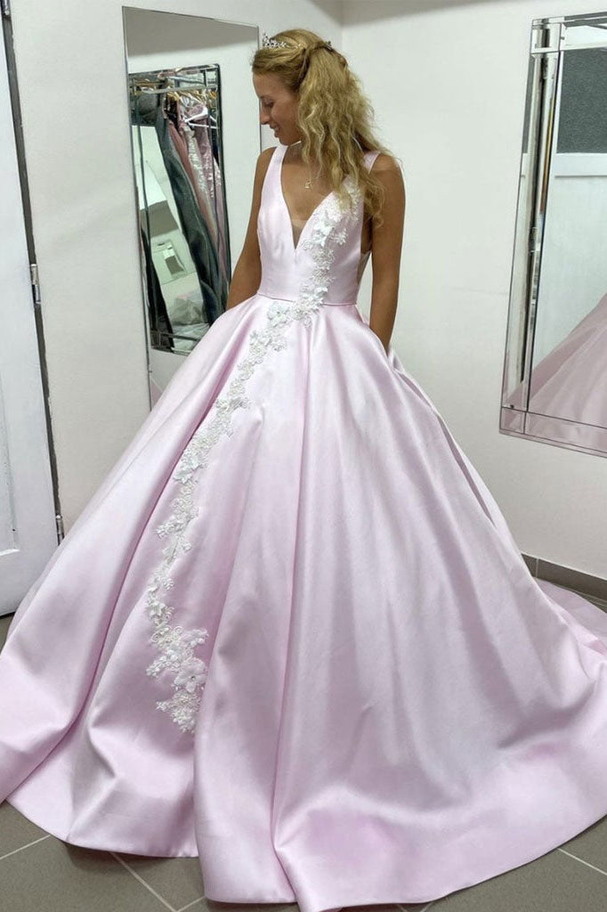 Light Pink Satin V-Neck Ball Gown Long Lace Appliques Evening Dress Prom Dress