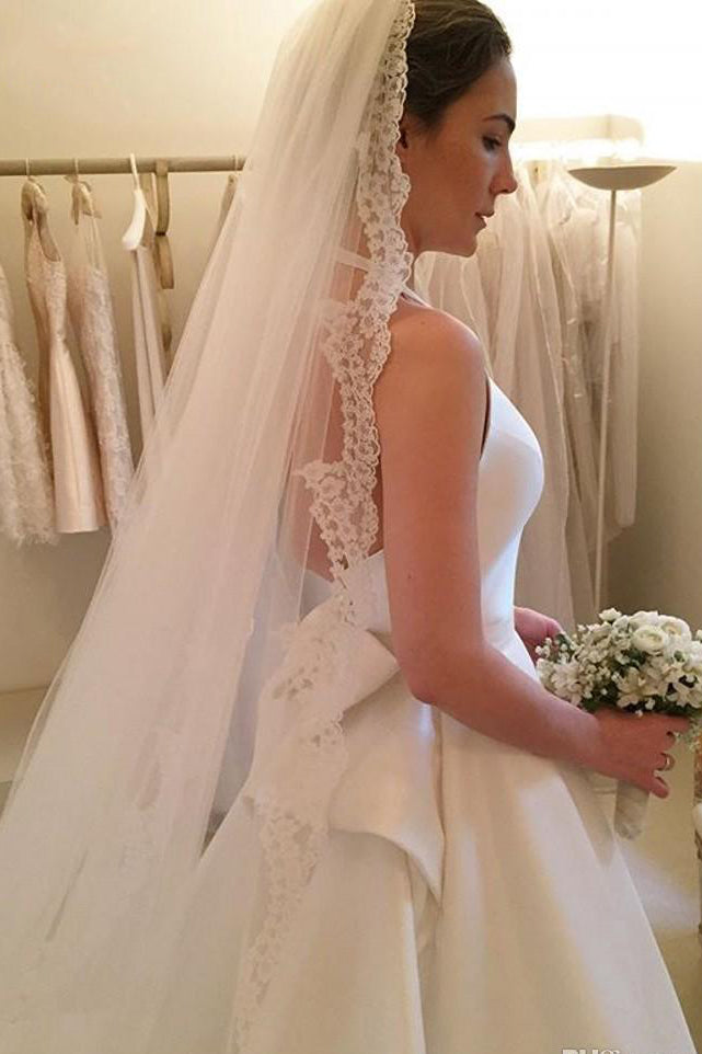 A Line Halter Satin Wedding Dresses Backless Sleeveless Bridal Dresses with Bow N1570