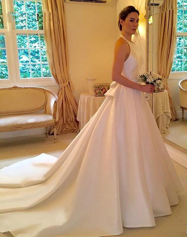 A Line Halter Satin Wedding Dresses Backless Sleeveless Bridal Dresses with Bow N1570