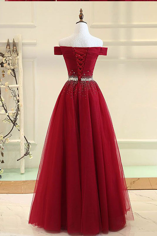 Off the Shoulder Tulle Long Prom Dresses with Rhinestones Burgundy