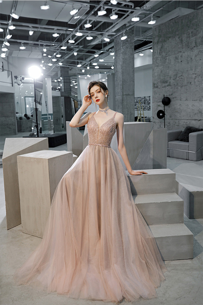 A Line Straps Sleeveless Prom Dress with Beading and Sequins, Long Evening Dress N2661