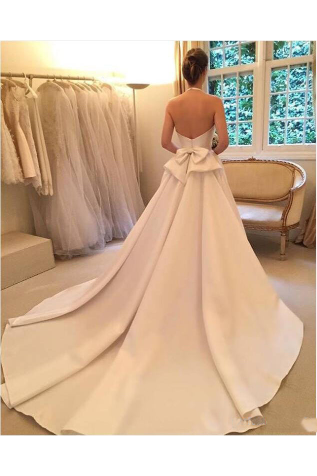 A Line Halter Satin Wedding Dresses Backless Sleeveless Bridal Dresses with Bow N1570