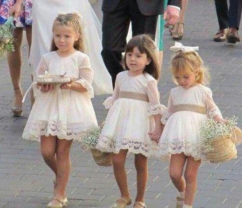 A Line 3/4 Sleeve Lace Flower Girl Dresses Baby Dresses with Champagne Sash
