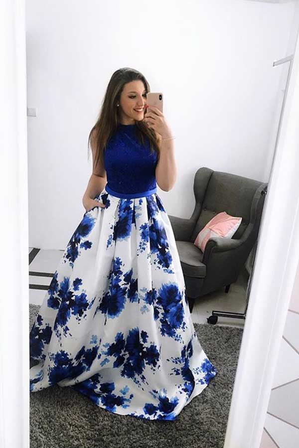 Royal Blue Sleeveless Long Prom Dress A Line Floral Long Satin