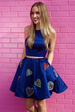 Royal Blue Two Piece Satin Short Homecoming Dresses with Pockets N993