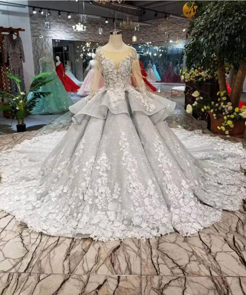 Gorgeous Long Sleeves Beaded Quinceanera Big Wedding Dresses with Flowers