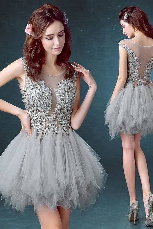 Silver Gray Tulle Scoop Unique Junior Homecoming Dresses with appliques Graduation Dresses N2049