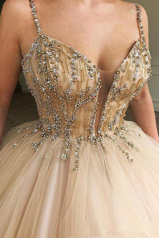 Sparkly Spaghetti Strap Beaded Tulle Ball Gown Prom Dresses