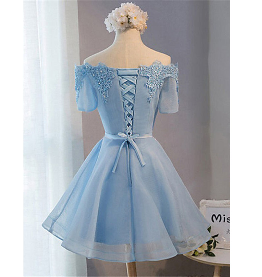 Pastel Lace Appliqued Off The Shoulder Short Sleeves Homecoming Dresses