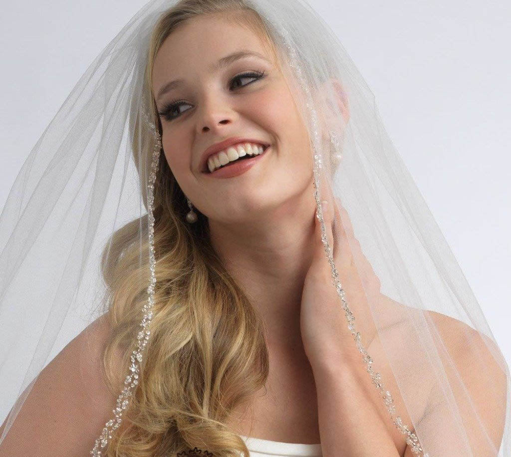 One Layer Fingertip Wedding Veil with Crystals and Sequins Ivory Beading Edge Veil V017