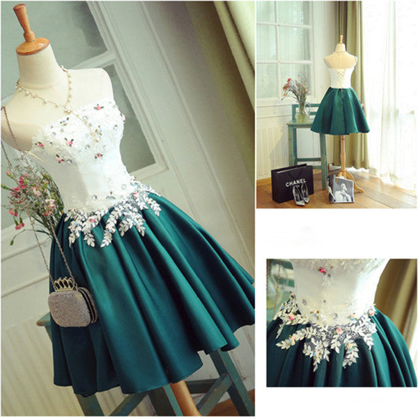 Special Deep Jade Short Prom Dress With Appliques,Elegant Strapless Homecoming Dress,Short Homecoming Dress,Stain Cocktail Dress,Short Party Gown,A-line Sweet 16 Dress,Short Graduation Dress
