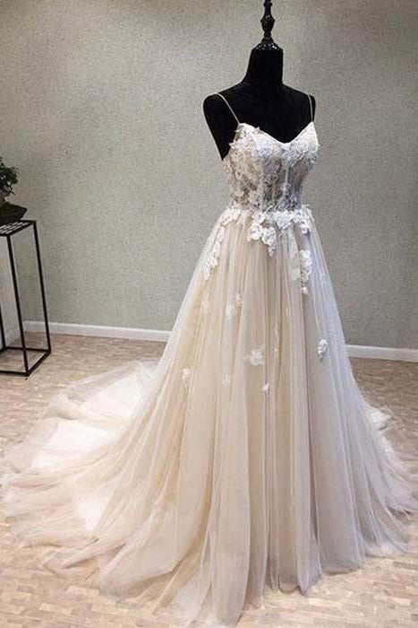 A Line Spaghetti Strap Simple Wedding Dresses with Appliques Boho Beach Wedding Dresses N1639