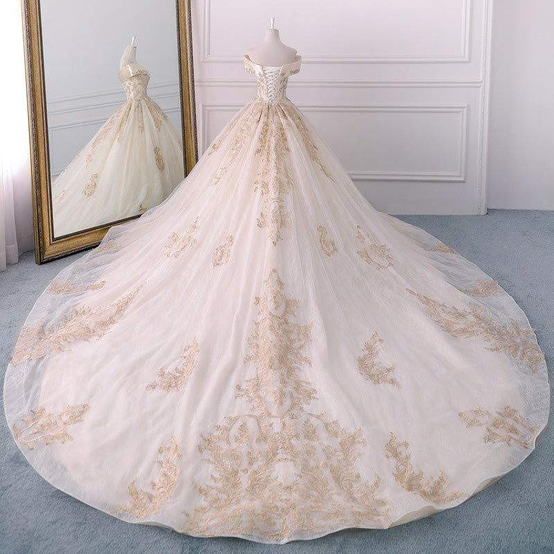 Gorgeous Off the Shoulder Ball Gown Wedding Dresses Long Appliques Bridal Dresses N1528