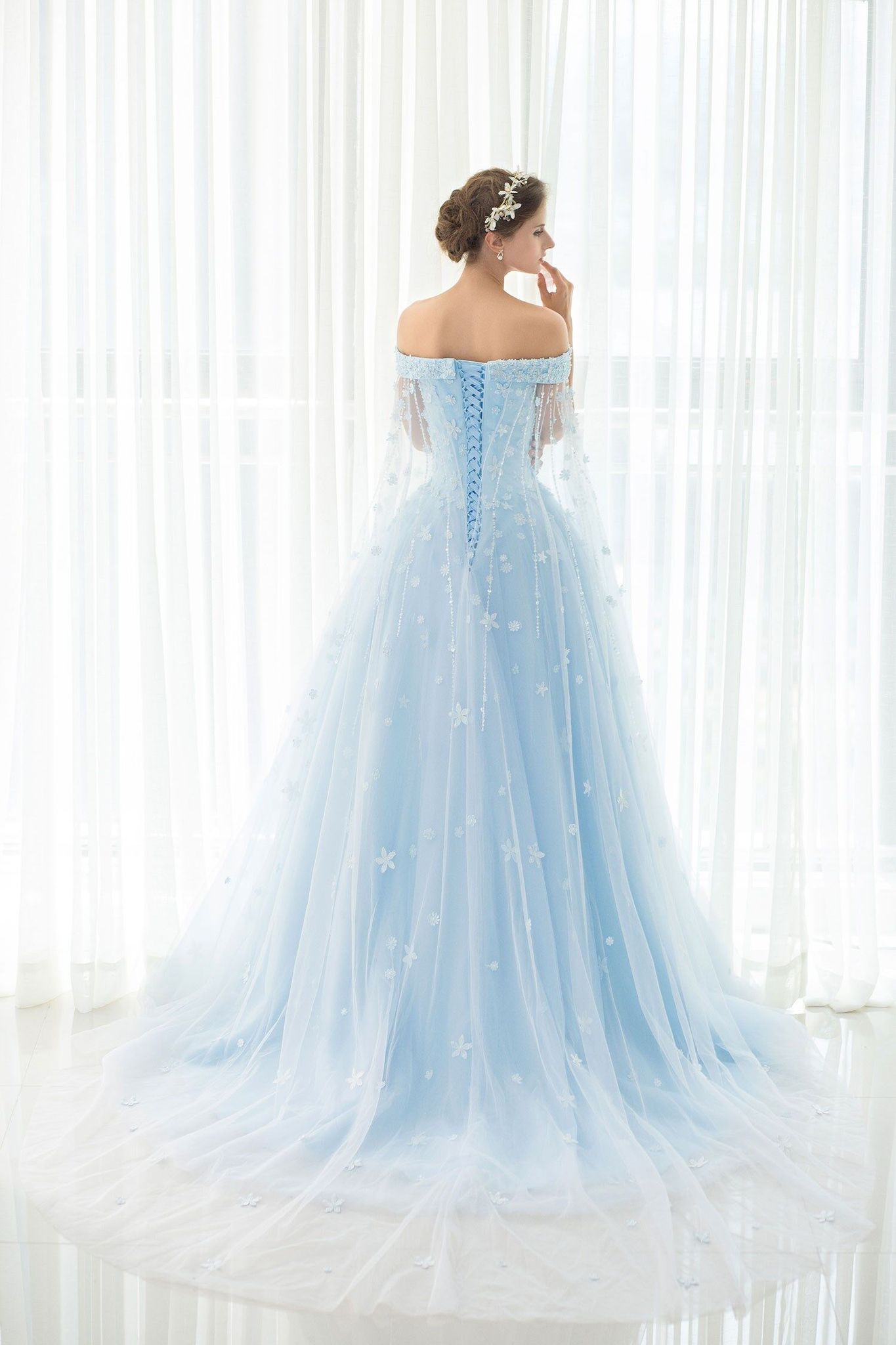 Light Sky Blue Off-the-shoulder Sweep Train Tulle Prom Dresses with Appliques N1253