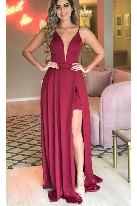 Sexy Sleeveless Split Prom Dress, Deep V Neck Ruched Long Evening Dresses N1621