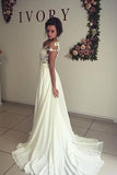 Ivory Chiffon Short Sleeves Lace Appliqued Long Beach Wedding Dresses
